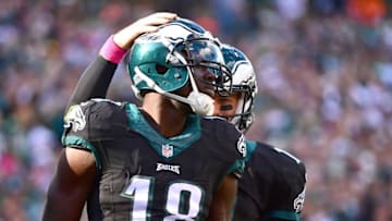Oct 23, 2016; Philadelphia, PA, USA; Philadelphia Eagles quarterback Carson Wentz (11) celebrates his touchdown pass to wide receiver Dorial Green-Beckham (18) during the third quarter against the Minnesota Vikings at Lincoln Financial Field. The Eagles defeated the Vikings, 21-10. Mandatory Credit: Eric Hartline-USA TODAY Sports