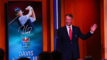 NEW YORK, NY - SEPTEMBER 26: Davis Love III speaks on stage as he is inducted into the 2017 World Golf Hall Of Fame on September 26, 2017 in New York City. (Photo by Mike Stobe/Getty Images)