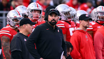 COLUMBUS, OHIO - NOVEMBER 26: Head coach Ryan Day of the Ohio State Buckeyes watches a replay during the fourth quarter of a game against the Michigan Wolverines at Ohio Stadium on November 26, 2022 in Columbus, Ohio. (Photo by Ben Jackson/Getty Images)