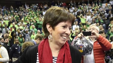 COLUMBUS, OH - MARCH 30: Head coach Muffet McGraw of the Notre Dame Fighting Irish celebrates during the semifinal game of the 2018 NCAA Division I Women's Basketball Final Four at Nationwide Arena on March 30, 2018 in Columbus, Ohio. Notre Dame defeated Connecticut 91-89 to advance to the National Championship. (Photo by Justin Tafoya/NCAA Photos via Getty Images)