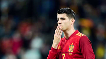 LA CORUNA, SPAIN - MARCH 29: Alvaro Morata of Spain celebrates after scoring his team's second goal during the international friendly match between Spain and Iceland at Riazor Stadium on March 29, 2022 in La Coruna, Spain. (Photo by Juan Manuel Serrano Arce/Getty Images)