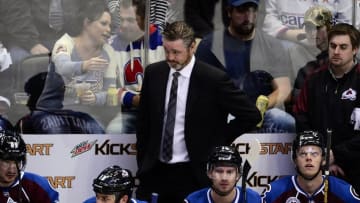 Apr 1, 2016; Denver, CO, USA; Colorado Avalanche head coach Patrick Roy on his bench in the third period against the Washington Capitals at the Pepsi Center. The Capitals defeated the Avalanche 4-2. Mandatory Credit: Ron Chenoy-USA TODAY Sports