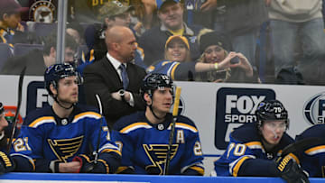 ST. LOUIS, MO - MARCH 23: St. Louis Blues head coach Mike Yeo watches his team play during a NHL game between the Vancouver Canucks and the St. Louis Blues on March 23, 2018, at Scottrade Center, St. Louis, MO. St. Louis beat Vancouver, 4-1. (Photo by Keith Gillett/Icon Sportswire via Getty Images).