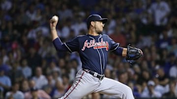 CHICAGO, ILLINOIS - JUNE 25: Anthony Swarzak #38 of the Atlanta Braves pitches against the Chicago Cubs at Wrigley Field on June 25, 2019 in Chicago, Illinois. The Braves defeated the Cubs 3-2. (Photo by Jonathan Daniel/Getty Images)