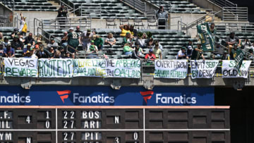 May 27, 2023; Oakland, California, USA; Fans display signs in the outfield bleachers during the fourth inning of the game between the Houston Astros and the Oakland Athletics at Oakland-Alameda County Coliseum. Mandatory Credit: Robert Edwards-USA TODAY Sports