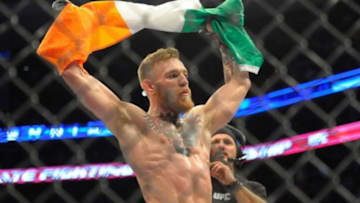 Jan 18, 2015; Boston, MA, USA; Conor McGregor celebrates his victor over Dennis Siver (not pictured) during a featherweight bout at UFC Fight Night at TD Garden. Mandatory Credit: Bob DeChiara-USA TODAY Sports