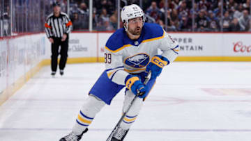Dec 15, 2022; Denver, Colorado, USA; Buffalo Sabres right wing Alex Tuch (89) controls the puck in the first period against the Colorado Avalanche at Ball Arena. Mandatory Credit: Isaiah J. Downing-USA TODAY Sports