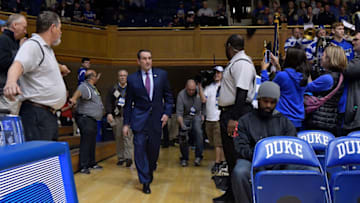 DURHAM, NC - JANUARY 04: Head coach Mike Krzyzewski of the Duke Blue Devils steps onto the floor for the game against the Georgia Tech Yellow Jackets at Cameron Indoor Stadium on January 4, 2017 in Durham, North Carolina. (Photo by Grant Halverson/Getty Images)