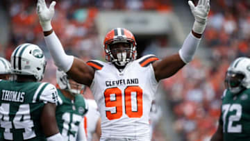 CLEVELAND, OH - OCTOBER 08: Emmanuel Ogbah #90 of the Cleveland Browns celebrates a play in the first quarter against the New York Jets at FirstEnergy Stadium on October 8, 2017 in Cleveland, Ohio. (Photo by Joe Robbins/Getty Images)