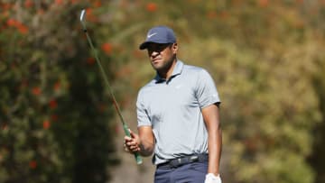 PACIFIC PALISADES, CALIFORNIA - FEBRUARY 19: Tony Finau of the United States prepares to play his shot from the fourth tee during the second round of The Genesis Invitational at Riviera Country Club on February 19, 2021 in Pacific Palisades, California. (Photo by Steph Chambers/Getty Images)