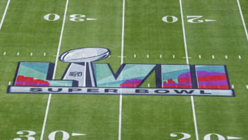 GLENDALE, AZ - FEBRUARY 12: Elevated view of the LVII logo painted on the field prior to Super Bowl LVII between the Kansas City Chiefs and the Philadelphia Eagles at State Farm Stadium on February 12, 2023 in Glendale, Arizona. (Photo by Cooper Neill/Getty Images)