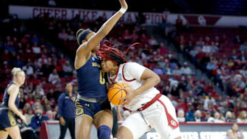 Oklahoma's Liz Scott (34) tries to drive to the basket as Notre Dame's Maya Dodson (0) defends in the first half during a women's basketball game between the University of Oklahoma Sooners (OU) and Notre Dame in the second round of the NCAA Tournament at Lloyd Noble Center in Norman, Okla, Monday, March, 21, 2022.Ou Women Notre Dame