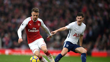 LONDON, ENGLAND - NOVEMBER 18: Ben Davies of Tottenham Hotspur and Aaron Ramsey of Arsenal in action during the Premier League match between Arsenal and Tottenham Hotspur at Emirates Stadium on November 18, 2017 in London, England. (Photo by Mike Hewitt/Getty Images)