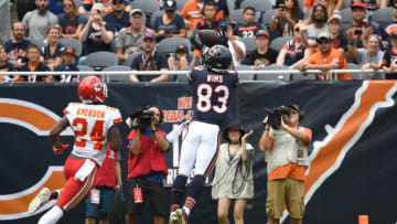 CHICAGO, IL - AUGUST 25: Chicago Bears wide receiver Javon Wims (83) beats Kansas City Chiefs defensive back David Amerson (24) to catch the football for a touchdown in the second quarter of game action in a preseason NFL game between the Kansas City Chiefs and the Chicago Bears on August 25, 2018 at Soldier Field in Chicago IL. (Photo by Robin Alam/Icon Sportswire via Getty Images)