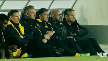 MAGDEBURG, GERMANY - OCTOBER 24: Head coach Peter Bosz of Dortmund and Michael Zorc of Dortmund sits on the bench during the DFB Pokal soccer match between 1. FC Magdeburg and Borussia Dortmund at the MDCC Arena in Magdeburg, Germany on October 24, 2017. (Photo by TF-Images/TF-Images via Getty Images)