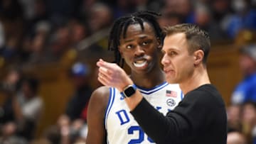 Duke basketball head coach Jon Scheyer and forward Mark Mitchell (Rob Kinnan-USA TODAY Sports)
