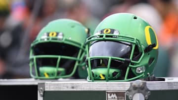 CORVALLIS, OR - NOVEMBER 26: Oregon Ducks helmets sit on an equipment box during the 120th Civil War NCAA football game between the Oregon Ducks and the Oregon State Beavers on November 26, 2016, at Reser Stadium in Corvallis, OR. (Photo by Brian Murphy/Icon Sportswire via Getty Images)