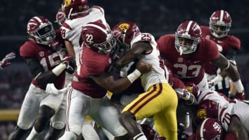 Sep 3, 2016; Arlington, TX, USA; Alabama Crimson Tide linebacker Ryan Anderson (22) tackles USC Trojans running back Ronald Jones II (25) during the first half at AT&T Stadium. Mandatory Credit: Kirby Lee-USA TODAY Sports