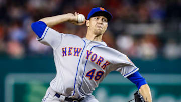 WASHINGTON, DC - SEPTEMBER 21: Jacob deGrom #48 of the New York Mets pitches against the Washington Nationals during the first inning at Nationals Park on September 21, 2018 in Washington, DC. (Photo by Scott Taetsch/Getty Images)