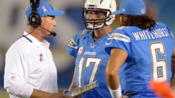 Oct 14, 2013; San Diego, CA, USA; San Diego Chargers offensive coordinator Ken Whisenhunt (left) talks with quarterbacks Philip Rivers (17) and Charlie Whitehurst (6) during the game against the Indianapolis Colts at Qualcomm Stadium. The Chargers defeated the Colts 19-9. Mandatory Credit: Kirby Lee-USA TODAY Sports
