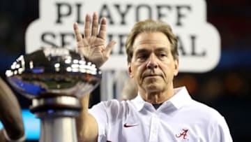 ATLANTA, GA - DECEMBER 31: Head Coach Nick Saban of the Alabama Crimson Tide celebrates after winning 24 to 7 against the Washington Huskies during the 2016 Chick-fil-A Peach Bowl at the Georgia Dome on December 31, 2016 in Atlanta, Georgia. (Photo by Streeter Lecka/Getty Images)