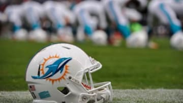 Aug 17, 2013; Houston, TX, USA; A view of a Miami Dolphins helmet before the game between the Houston Texans and the Dolphins at Reliant Stadium. The Texans defeated the Dolphins 24-17. Mandatory Credit: Jerome Miron-USA TODAY Sports
