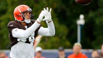 WESTFIELD, INDIANA - AUGUST 14: Derrick Willies #84 of the Cleveland Browns catches a pass during the joint practice between the Cleveland Browns and the Indianapolis Colts at Grand Park on August 14, 2019 in Westfield, Indiana. (Photo by Justin Casterline/Getty Images)