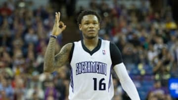 Mar 26, 2014; Sacramento, CA, USA; Sacramento Kings guard Ben McLemore (16) gestures after a three point basket against the New York Knicks during the third quarter at Sleep Train Arena. The New York Knicks defeated the Sacramento Kings 107-99. Mandatory Credit: Kelley L Cox-USA TODAY Sports