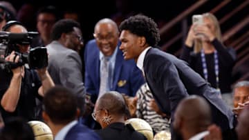 Ausar Thompson celebrates after being drafted fifth overall pick by the Detroit Pistons (Photo by Sarah Stier/Getty Images)