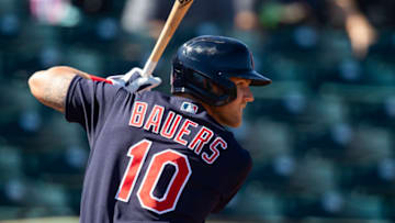 Mar 10, 2021; Goodyear, Arizona, USA; Cleveland Indians infielder Jake Bauers against the Los Angeles Angels during a Spring Training game at Goodyear Ballpark. Mandatory Credit: Mark J. Rebilas-USA TODAY Sports