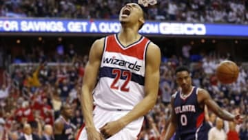 May 9, 2015; Washington, DC, USA; Washington Wizards forward Otto Porter Jr. (22) celebrates after the ball against the Atlanta Hawks in the third quarter in game three of the second round of the NBA Playoffs. at Verizon Center. The Wizards won 103-101. Mandatory Credit: Geoff Burke-USA TODAY Sports