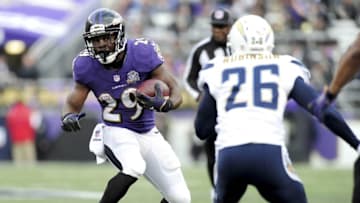 Nov 1, 2015; Baltimore, MD, USA; Baltimore Ravens running back Justin Forsett (29) runs with the ball during the game against the San Diego Chargers at M&T Bank Stadium. Mandatory Credit: Evan Habeeb-USA TODAY Sports
