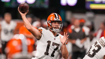 Aug 29, 2021; Atlanta, Georgia, USA; Cleveland Browns quarterback Kyle Lauletta (17) in action against the Atlanta Falcons at Mercedes-Benz Stadium. Mandatory Credit: Dale Zanine-USA TODAY Sports