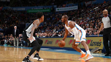 FEBRUARY 11: Chris Paul #3 of the OKC Thunder handles the ball during the game against the San Antonio Spurs (Photo by Zach Beeker/NBAE via Getty Images)