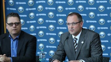May 28, 2015; Buffalo, NY, USA; Buffalo Sabres general manager Tim Murray (left) with new Sabres head coach Dan Bylsma is introduced at a press conference at the First Niagara Center. Mandatory Credit: Kevin Hoffman-USA TODAY Sports