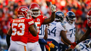 KANSAS CITY, MO - JANUARY 19: Chris Jones #95 of the Kansas City Chiefs gestures after making a second quarter tackle in the AFC Championship game against the Tennessee Titans at Arrowhead Stadium on January 19, 2020 in Kansas City, Missouri. (Photo by David Eulitt/Getty Images)