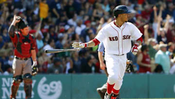 Aug 14, 2016; Boston, MA, USA; Boston Red Sox right fielder Mookie Betts (50) watches his three-run home run, his third home run of the game as Arizona Diamondbacks catcher Tuffy Gosewisch (8) looks on during the fifth inning at Fenway Park. Mandatory Credit: Winslow Townson-USA TODAY Sports