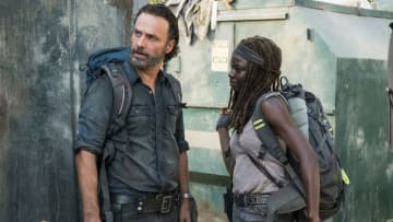 Andrew Lincoln as Rick Grimes, Danai Gurira as Michonne - The Walking Dead _ Season 7, Episode 12 - Photo Credit: Gene Page/AMC