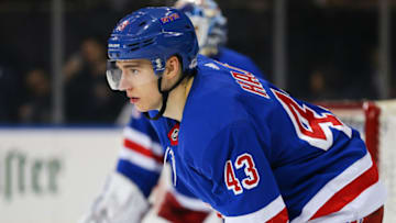 NEW YORK, NY - MARCH 09: New York Rangers Defenceman Libor Hajek (43) awaits a face off during the National Hockey League game between the New Jersey Devils and the New York Rangers on March 9, 2019 at Madison Square Garden in New York, NY. (Photo by Joshua Sarner/Icon Sportswire via Getty Images)