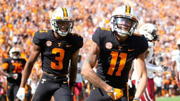 Tennessee wide receivers Jalin Hyatt (11) and JaVonta Payton (3) celebrate Hyatt's touchdown during the NCAA college football game between the Tennessee Volunteers and the South Carolina Gamecocks in Knoxville, Tenn. on Saturday, October 9, 2021.Utvsc1007