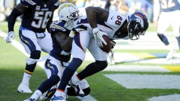 Nov 10, 2013; San Diego, CA, USA; Denver Broncos receiver Demaryius Thomas (88) scores a touchdown late in the second quarter against the San Diego Chargers at Qualcomm Stadium. Mandatory Credit: Christopher Hanewinckel-USA TODAY Sports