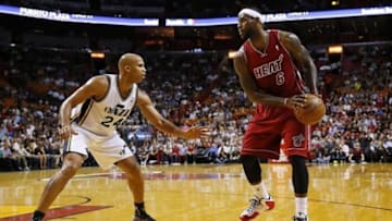 Dec 16, 2013; Miami, FL, USA; Miami Heat small forward LeBron James (6) is defended by Utah Jazz small forward Richard Jefferson (24) in the first half at American Airlines Arena. Mandatory Credit: Robert Mayer-USA TODAY Sports