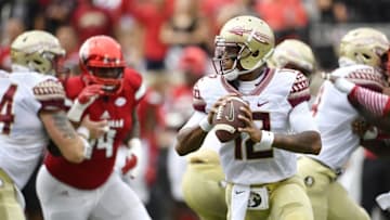 Sep 17, 2016; Louisville, KY, USA; Florida State Seminoles quarterback Deondre Francois (12) looks to pass against the Louisville Cardinals during the second quarter at Papa John