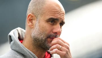 MANCHESTER, ENGLAND - APRIL 10: Pep Guardiola the head coach / manager of Manchester City reacts during a post match interview during the Premier League match between Manchester City and Leeds United at Etihad Stadium on April 10, 2021 in Manchester, United Kingdom. Sporting stadiums around the UK remain under strict restrictions due to the Coronavirus Pandemic as Government social distancing laws prohibit fans inside venues resulting in games being played behind closed doors. (Photo by Robbie Jay Barratt - AMA/Getty Images)