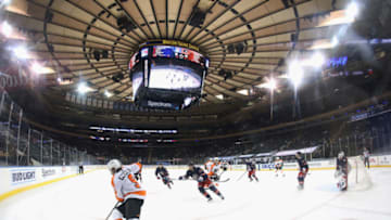 Mar 17, 2021; New York, New York, USA; The New York Rangers skate against the Philadelphia Flyers with a 9-0 lead during the third period at Madison Square Garden at Madison Square Garden. Mandatory Credit: Bruce Bennett/POOL PHOTOS-USA TODAY Sports