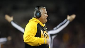 Nov 19, 2016; Seattle, WA, USA; Arizona State Sun Devils head coach Todd Graham calls a timeout against the Washington Huskies during the fourth quarter at Husky Stadium. Washington won 44-18. Mandatory Credit: Jennifer Buchanan-USA TODAY Sports