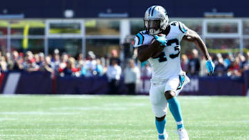 FOXBORO, MA - OCTOBER 1: Fozzy Whittaker #43 of the Carolina Panthers runs with the ball against the New England Patriots at Gillette Stadium on October 1, 2017 in Foxboro, Massachusetts.(Photo by Maddie Meyer/Getty Images)