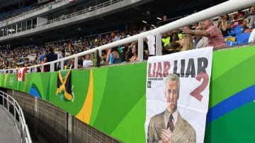 Aug 18, 2016; Rio de Janeiro, Brazil; A poster of Ryan Lochte (USA) hangs from the rails during a track and field event at Estadio Olimpico Joao Havelange during the Rio 2016 Olympic Summer Games. Mandatory Credit: John David Mercer-USA TODAY Sports