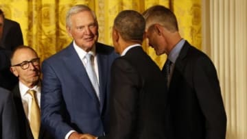 Feb 4, 2016; Washington, DC, USA; NBA Hall of Famer and Golden State Warriors special consultant Jerry West (L) shakes hands with President Barack Obama (R) during a ceremony honoring the 2015 NBA Champion Warriors in the East Room at the White House. Mandatory Credit: Geoff Burke-USA TODAY Sports