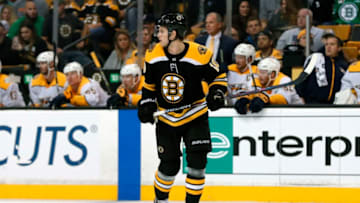 BOSTON, MA - OCTOBER 05: Boston Bruins left wing Anders Bjork (10) waits for the puck during an NHL game between the Boston Bruins and the Nashville Predators on October 5, 2017, at TD Garden in Boston, Massachusetts. The Bruins defeated the Predators 4-3. (Photo by Fred Kfoury III/Icon Sportswire via Getty Images)